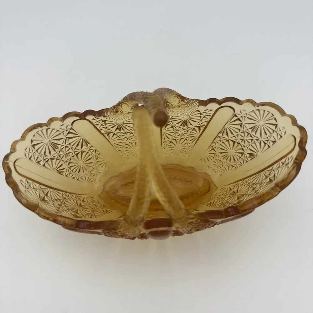 Vintage Fenton Honey Amber Daisy Button Glass Basket Dish with Split Twig Handle